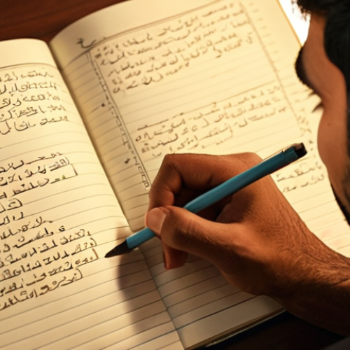 Home 11 ** "A person thoughtfully organizing a list of goals in a notebook, prioritizing them with care. Soft, warm lighting. Focus on the determination in their eyes. Urdu script in the background subtly."
**