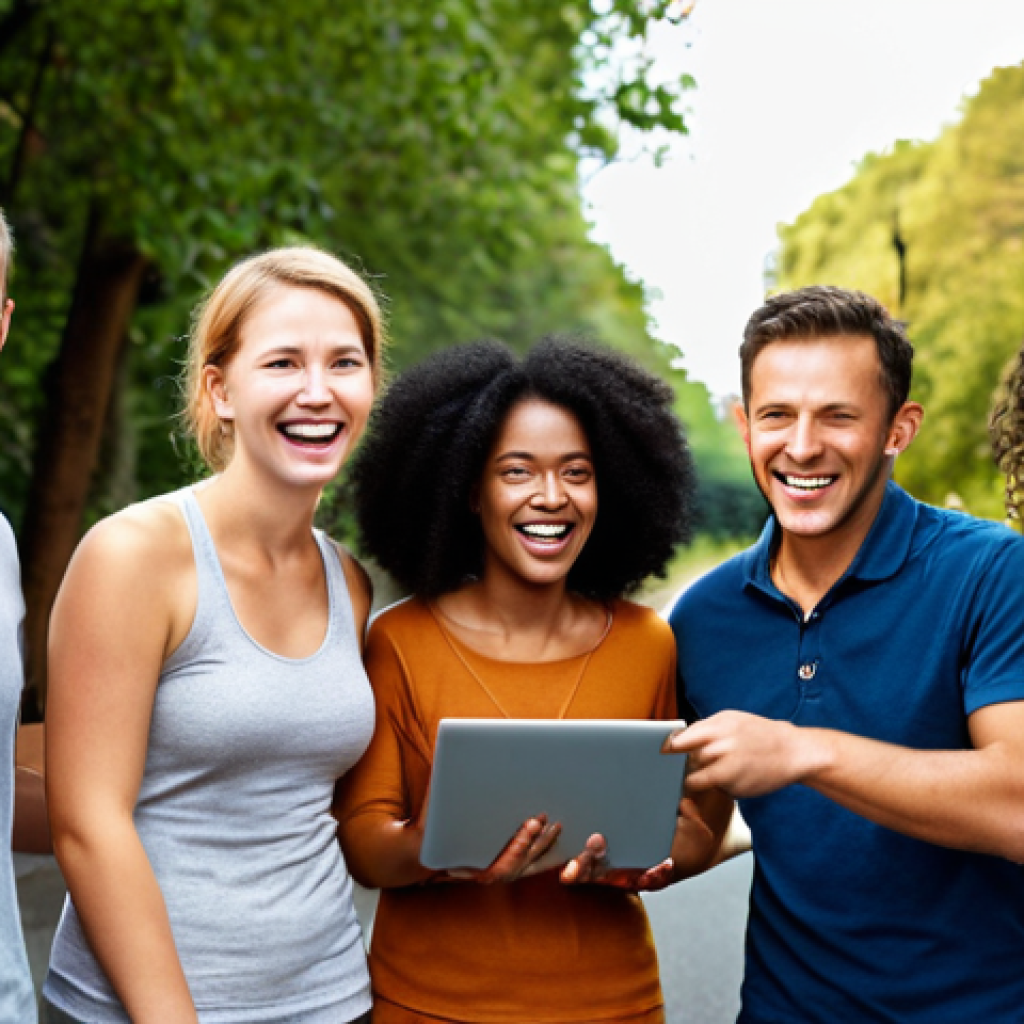 A diverse, multi-ethnic group of friends or colleagues joyfully collaborating on a shared journey towards a goal, such as a health challenge or an online learning project. They are seen supporting each other, sharing ideas, and celebrating small victories along the way, radiating a strong sense of camaraderie and mutual encouragement. The scene conveys a 'source of motivation' and the emotional benefits of a shared path. Warm, uplifting lighting, realistic style, focusing on expressive faces and positive body language, with subtle hints of modern digital tools like laptops or tablets.