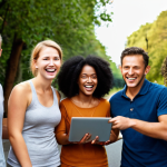 A diverse, multi-ethnic group of friends or colleagues joyfully collaborating on a shared journey towards a goal, such as a health challenge or an online learning project. They are seen supporting each other, sharing ideas, and celebrating small victories along the way, radiating a strong sense of camaraderie and mutual encouragement. The scene conveys a 'source of motivation' and the emotional benefits of a shared path. Warm, uplifting lighting, realistic style, focusing on expressive faces and positive body language, with subtle hints of modern digital tools like laptops or tablets.