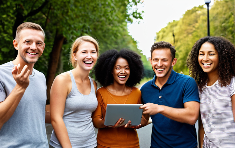 A diverse, multi-ethnic group of friends or colleagues joyfully collaborating on a shared journey towards a goal, such as a health challenge or an online learning project. They are seen supporting each other, sharing ideas, and celebrating small victories along the way, radiating a strong sense of camaraderie and mutual encouragement. The scene conveys a 'source of motivation' and the emotional benefits of a shared path. Warm, uplifting lighting, realistic style, focusing on expressive faces and positive body language, with subtle hints of modern digital tools like laptops or tablets.