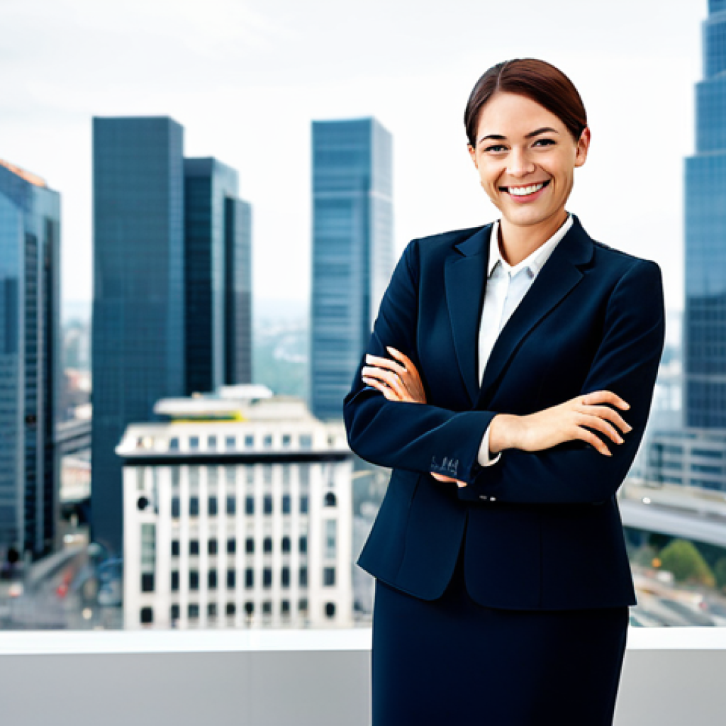 **
"A smiling professional, fully clothed in a modest business attire, confidently standing in front of a modern cityscape. The image emphasizes trust and success, appropriate for career growth and opportunities. Safe for work, perfect anatomy, professional."
**