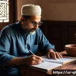 Home 22 목적 중심 생활을 위한 핵심 습관 - A serene home office scene in a traditional Pakistani household, featuring a middle-aged man wearing...