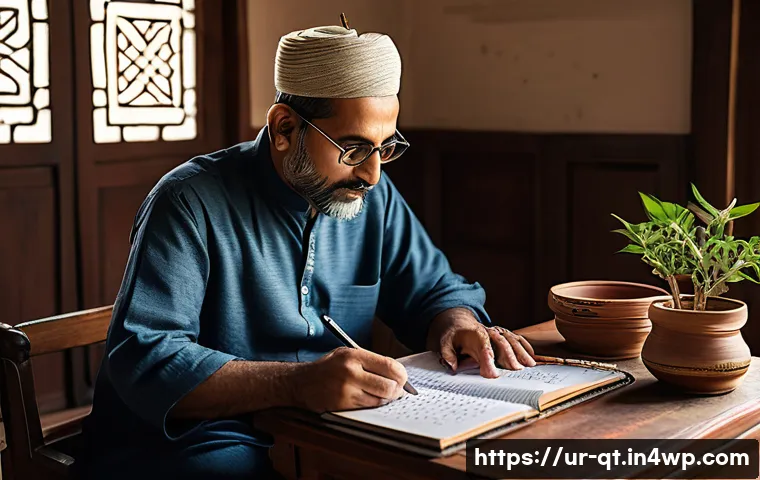 목적 중심 생활을 위한 핵심 습관 - A serene home office scene in a traditional Pakistani household, featuring a middle-aged man wearing...