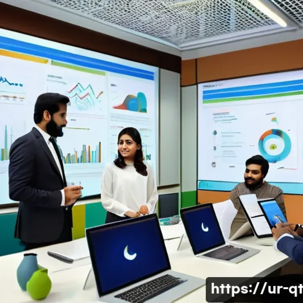 목적 중심적 목표 달성을 위한 지속 가능성 원칙 - A vibrant office scene in a modern Pakistani workplace where a diverse team of professionals, dresse...