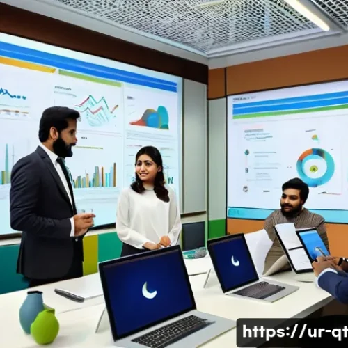 Home 33 목적 중심적 목표 달성을 위한 지속 가능성 원칙 - A vibrant office scene in a modern Pakistani workplace where a diverse team of professionals, dresse...