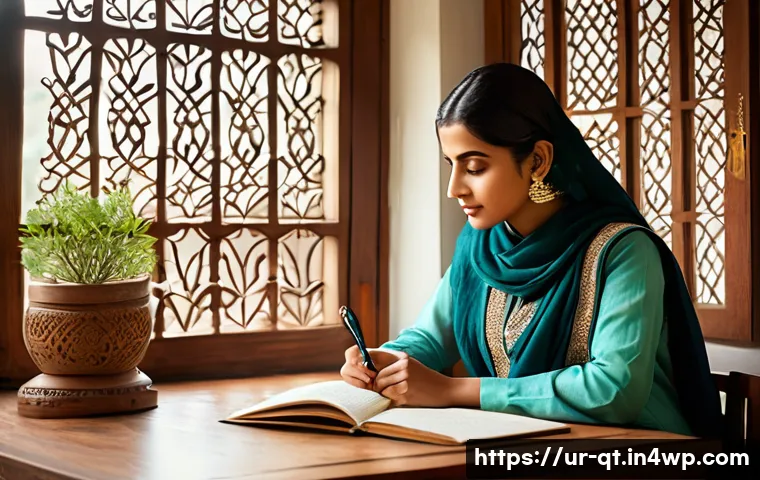 목적 중심적 삶을 위한 성공 사례 분석 - A serene study room scene featuring a young South Asian woman with traditional Pakistani attire, sit...