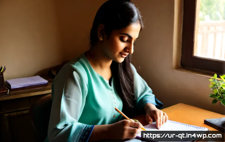 Home 17 목적 중심 삶을 위한 실천적 연구 - Photorealistic Pakistani woman in modest shalwar kameez seated at a sunlit home desk, thoughtfully a...